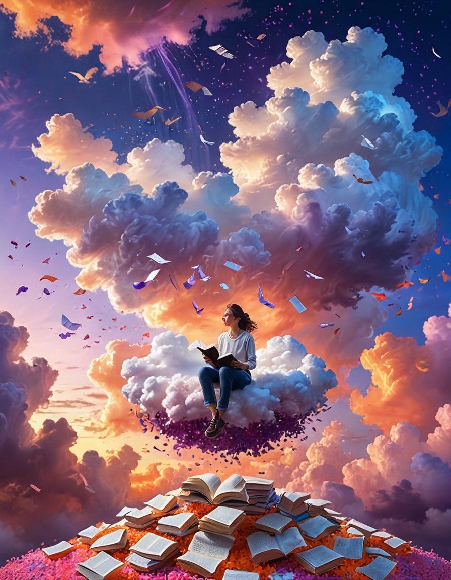 A whimsical scene of a person sitting on a cloud, surrounded by floating, oversized dictionaries and thesauruses, with luminous words raining down like colorful confetti. The background features a dreamy sky with vibrant hues at sunset, and playful puffs of clouds. The individual is joyfully catching the words, symbolizing the journey of expression. super-realistic. vibrant colors. ethereal atmosphere.
