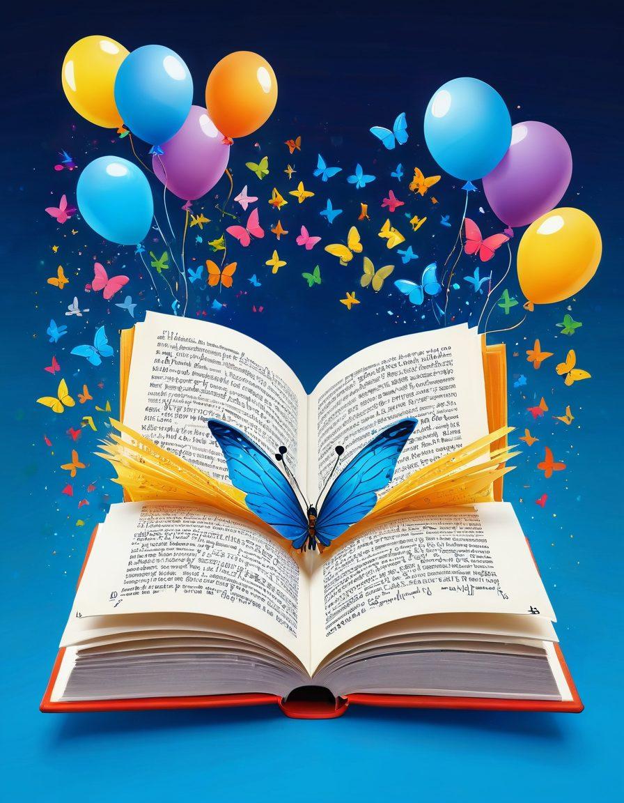 A vibrant and colorful illustration of an open book overflowing with playful and joyful words, surrounded by whimsical doodles representing happiness, such as smiling faces, colorful balloons, and sunshine. The background is a dreamy gradient of blues and yellows, evoking a sense of warmth and positivity. Incorporate elements of nature like flowers and butterflies fluttering around the book. super-realistic. vibrant colors. 3D.
