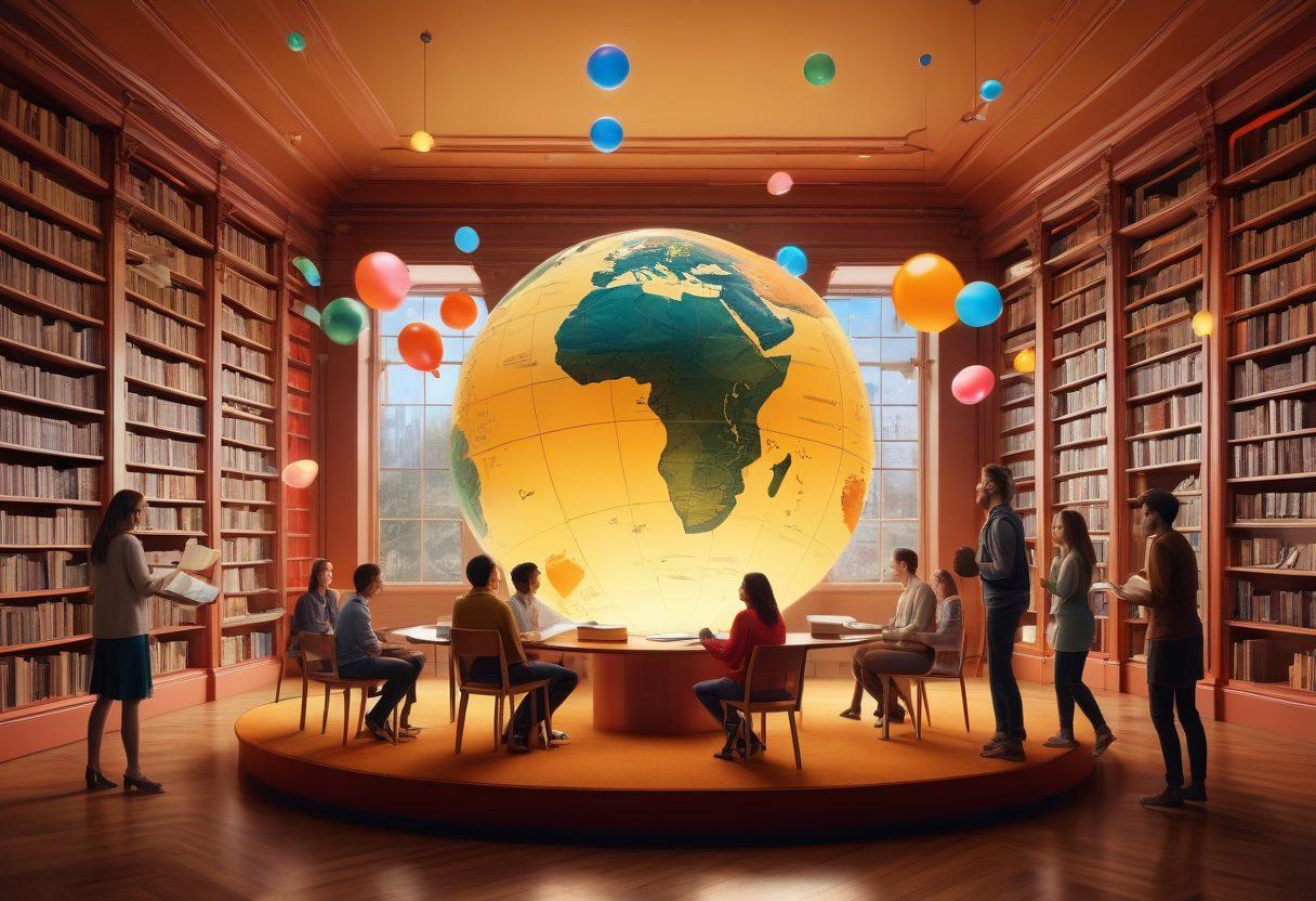 A vibrant library scene filled with diverse people energetically discussing and exchanging books, surrounded by floating words and colorful speech bubbles representing different languages. In the background, a large globe showcases interconnected language roots, symbolizing the global nature of vocabulary. Warm lighting enhances a sense of enrichment and exploration. super-realistic. vibrant colors. 3D.